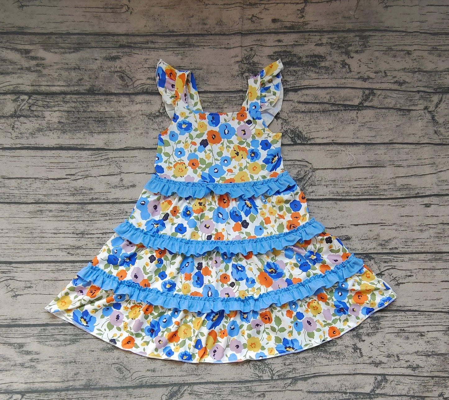 Baby Girls Blue Flowers Ruffle Knee Length Dresses