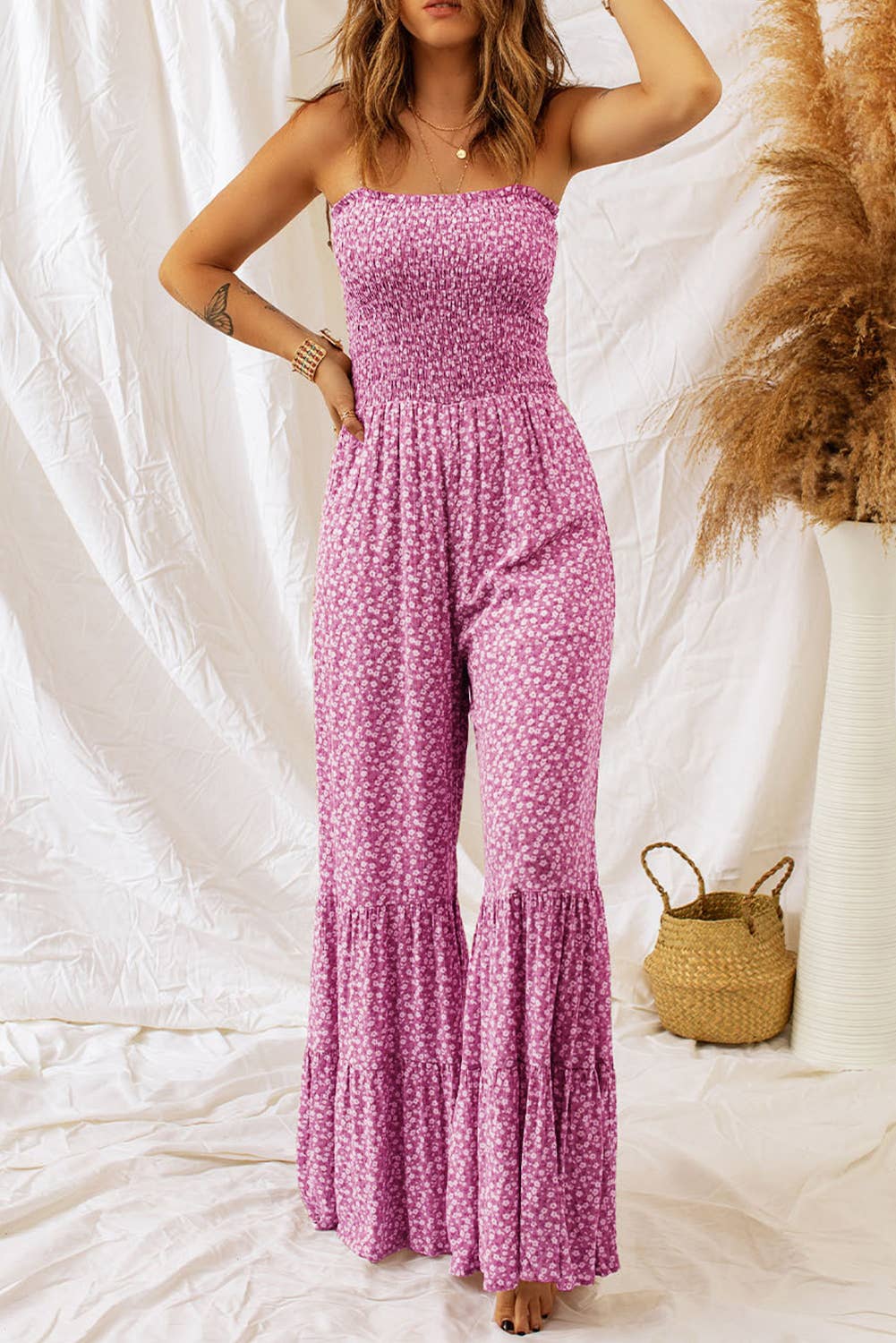 Straps Smocked Bodice Wide Leg Floral Jumpsuit/Multicolor