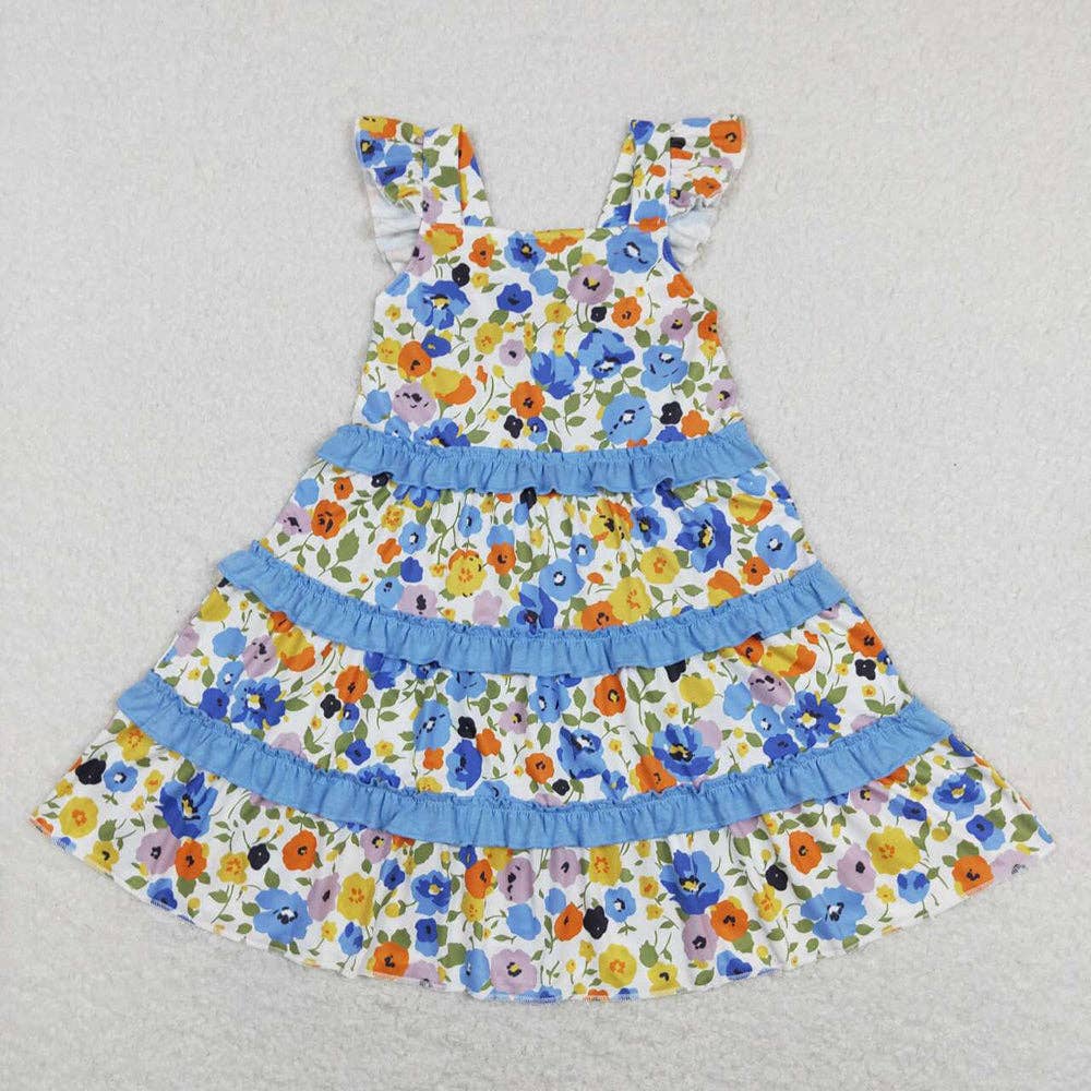 Baby Girls Blue Flowers Ruffle Knee Length Dresses