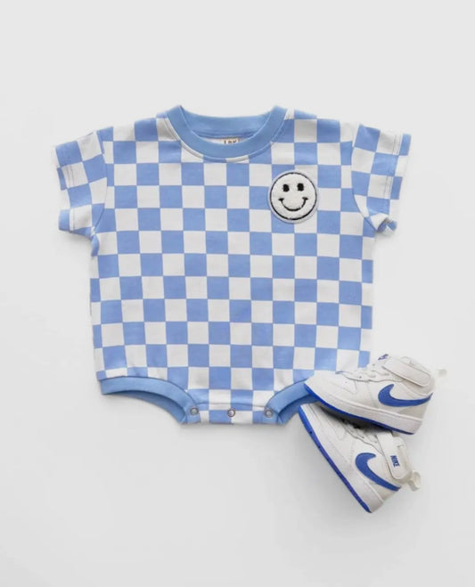 Checkered Blue Smiley Bubble Romper