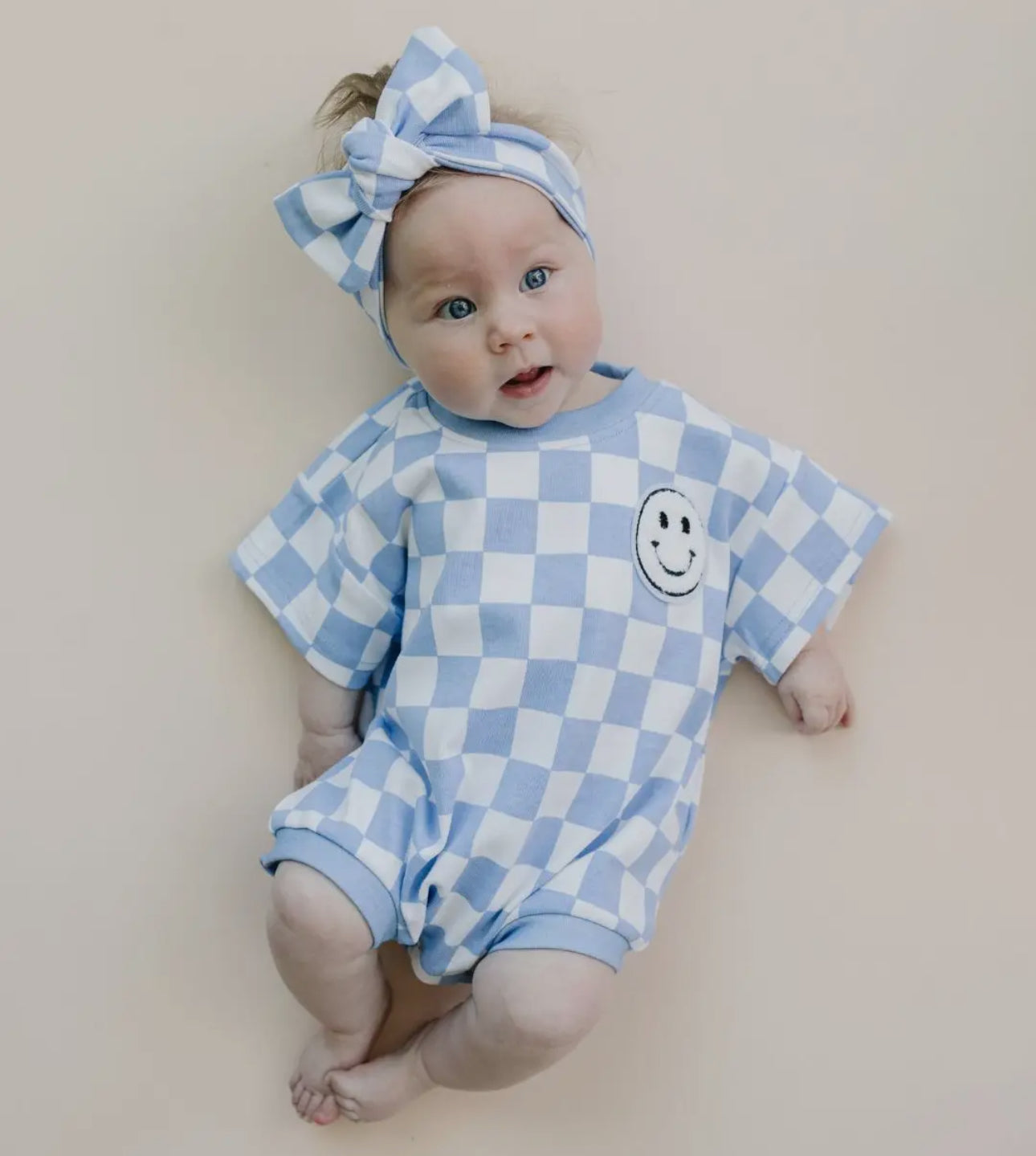 Checkered Blue Smiley Bubble Romper