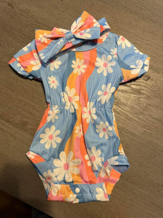 Blue floral kids romper w/bow