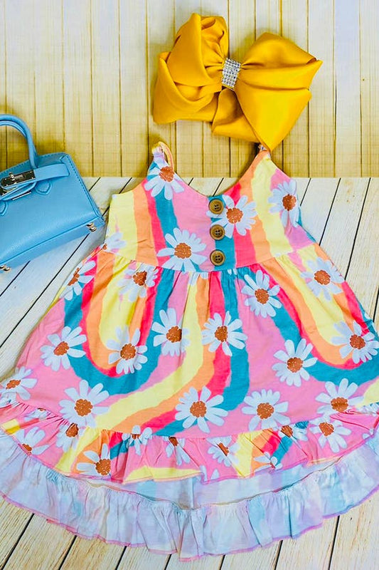 Multicolor stripes & daisies high low dress