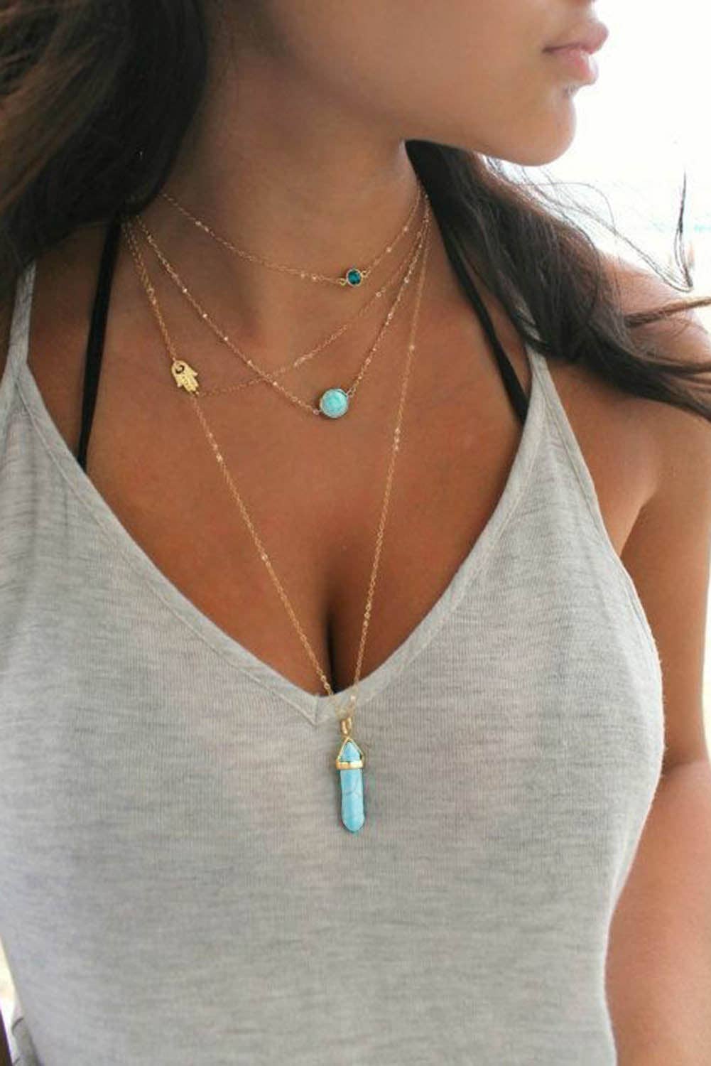 Gold Turquoise Gemstone Pendant Multi-Layered Necklace