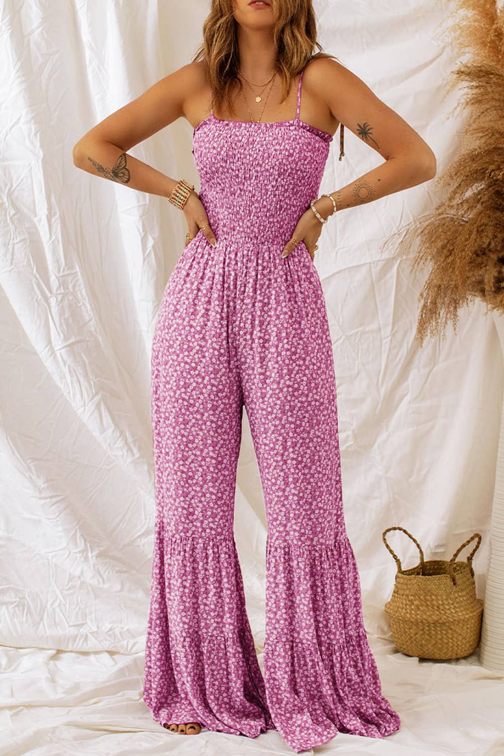 Straps Smocked Bodice Wide Leg Floral Jumpsuit/Multicolor