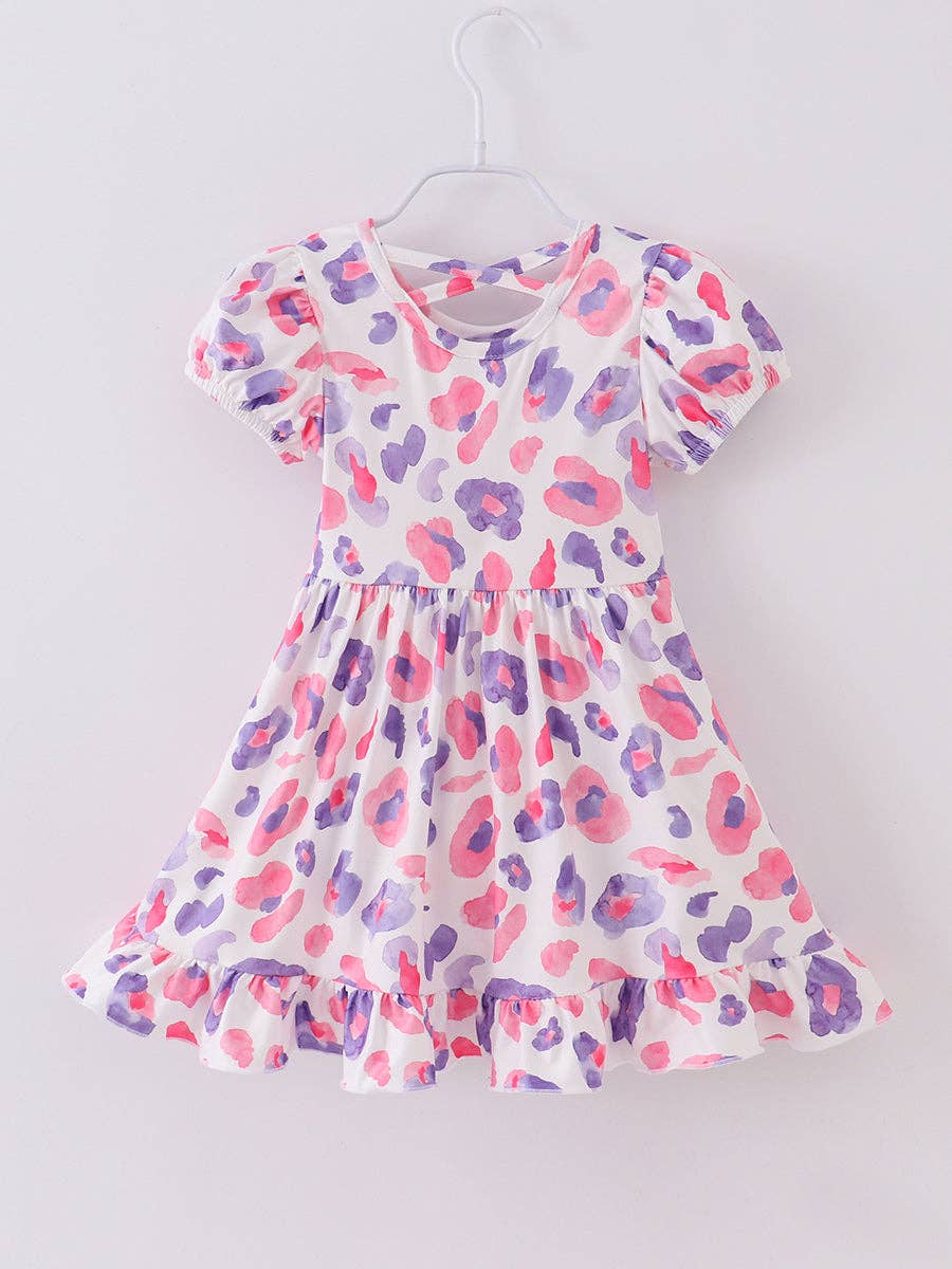 Spring Kids Clothes Pink Purple Leopard Girl Twirl Dress